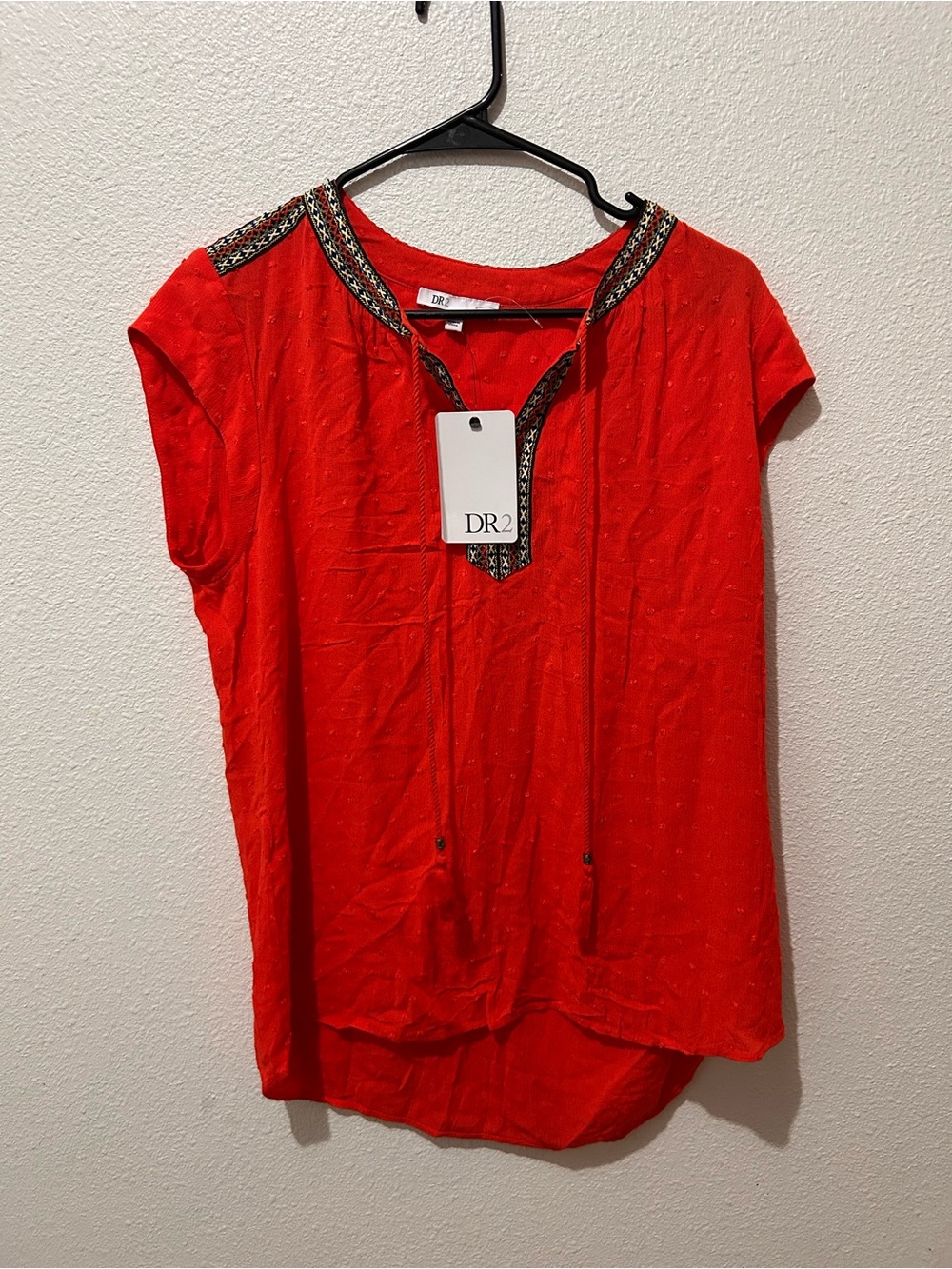 Red Embroidered Split-Neck Blouse